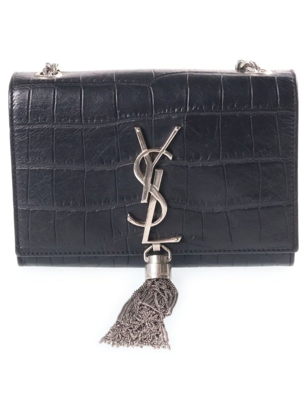 Saint Laurent Kate Fringe Chain Shoulder Mini Bag Croco Embossed Black Leather